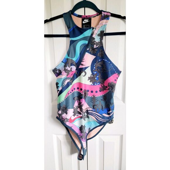 Nike M Women's Bodysuit Swimsuit Graphic Multicolor Slvless Hig‎ Neck Zip NWT - Picture 1 of 11